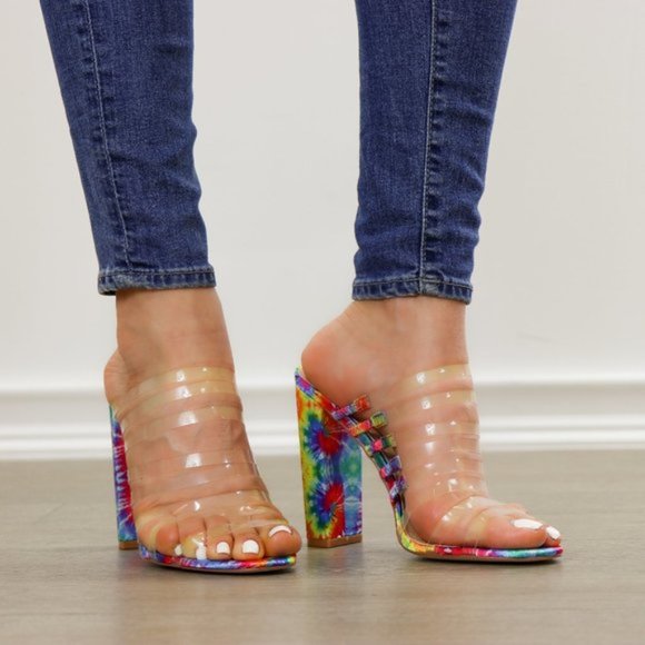Tie Dye Clear Strappy Chunky Heel Open Toe Sandals - Picture 4 of 8